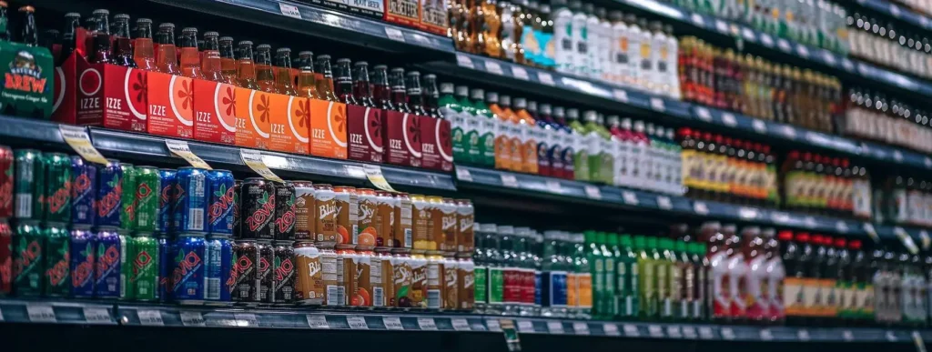 Getränkesortiment im Supermarktregal. Sehr Bund und vielfältige Flaschen und Getränke zu erkennen.